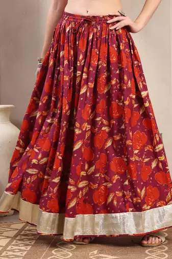 Maroon floral printed cotton flared maxi skirt for women