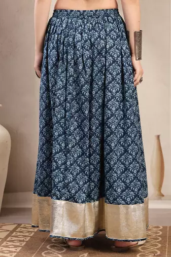 Purple floral printed cotton flared maxi skirt for women