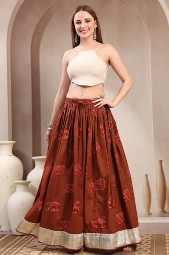 Brown graphic printed cotton flared maxi skirt for women