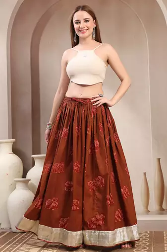 Brown graphic printed cotton flared maxi skirt for women