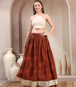 Brown graphic printed cotton flared maxi skirt for women