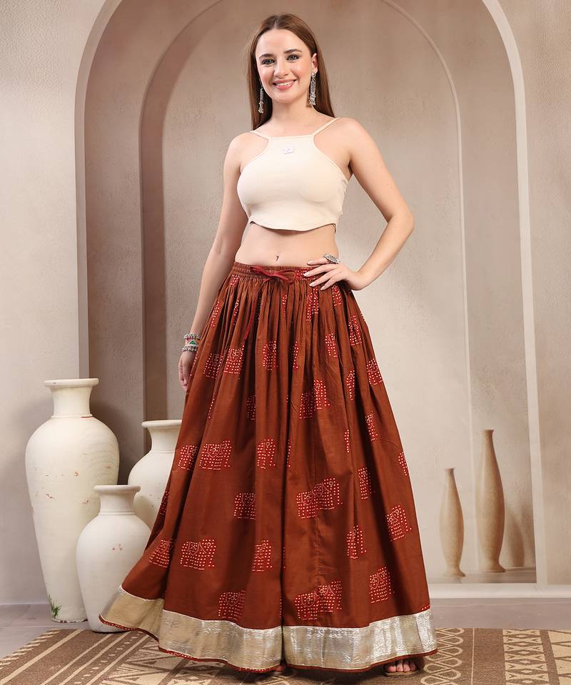 Brown graphic printed cotton flared maxi skirt for women