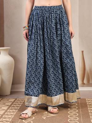 Blue floral printed cotton flared maxi skirt for women 2