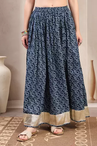 Blue floral printed cotton flared maxi skirt for women