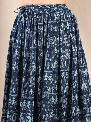 Blue graphic printed cotton flared maxi skirt for women 4