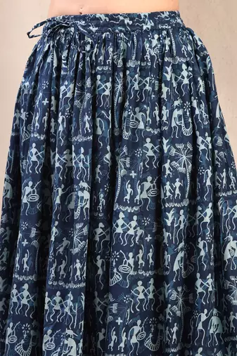Blue graphic printed cotton flared maxi skirt for women