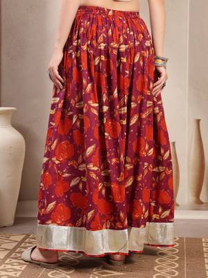 Maroon floral printed cotton flared maxi skirt for women 3