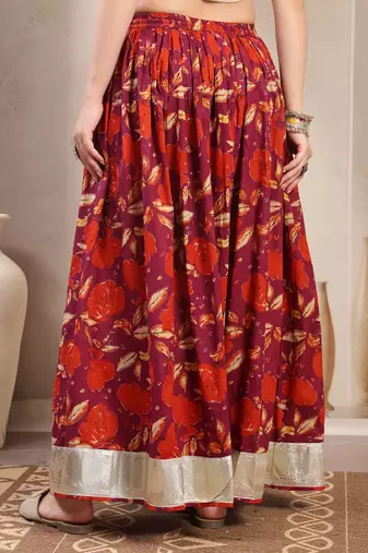 Maroon floral printed cotton flared maxi skirt for women