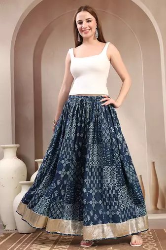 Blue floral printed cotton flared maxi skirt for women