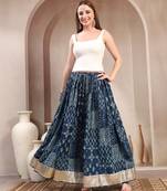 Blue floral printed cotton flared maxi skirt for women