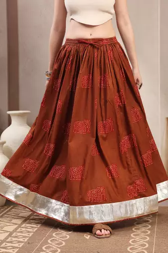 Brown graphic printed cotton flared maxi skirt for women