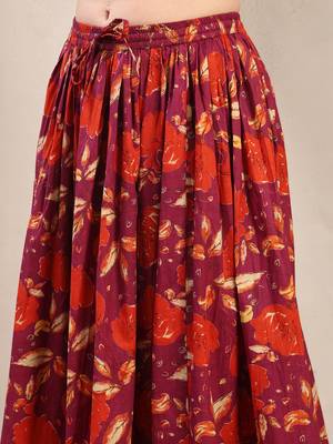 Maroon floral printed cotton flared maxi skirt for women 4