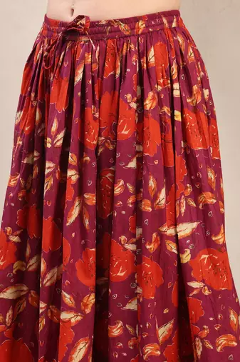 Maroon floral printed cotton flared maxi skirt for women