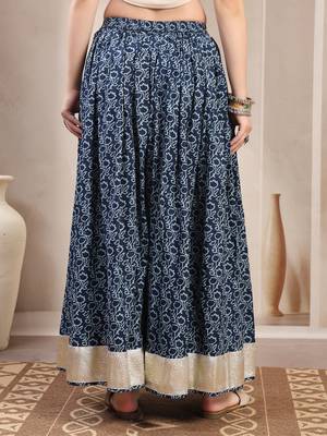 Blue floral printed cotton flared maxi skirt for women 3
