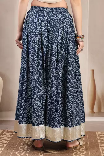 Blue floral printed cotton flared maxi skirt for women