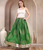 Green floral printed cotton flared maxi skirt for women