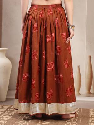 Brown graphic printed cotton flared maxi skirt for women 3