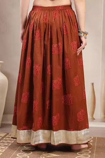 Brown graphic printed cotton flared maxi skirt for women