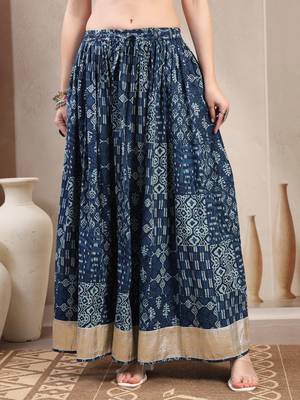 Blue floral printed cotton flared maxi skirt for women 2