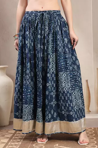 Blue floral printed cotton flared maxi skirt for women