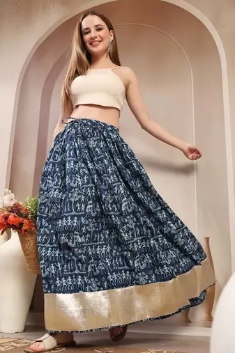 Blue graphic printed cotton flared maxi skirt for women