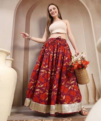 Maroon floral printed cotton flared maxi skirt for women 5