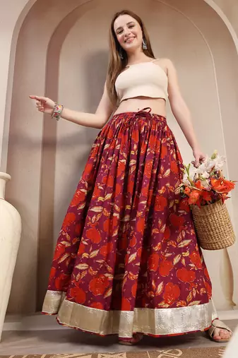 Maroon floral printed cotton flared maxi skirt for women