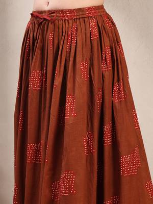 Brown graphic printed cotton flared maxi skirt for women 4