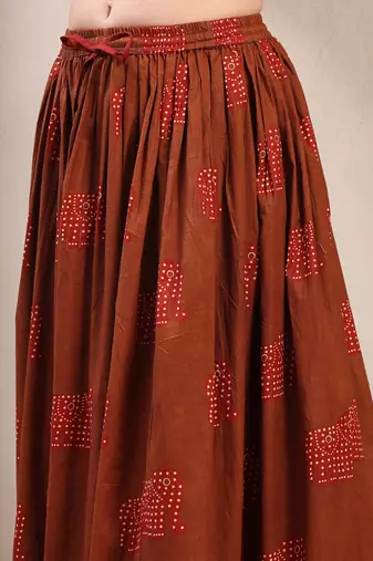 Brown graphic printed cotton flared maxi skirt for women