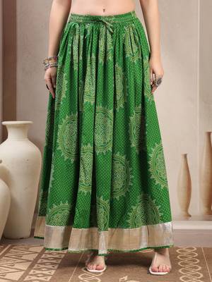 Green floral printed cotton flared maxi skirt for women 2