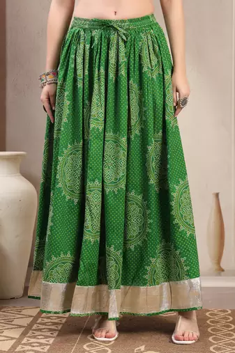 Green floral printed cotton flared maxi skirt for women
