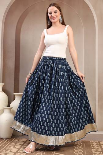 Blue graphic printed cotton flared maxi skirt for women