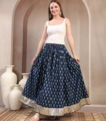 Blue graphic printed cotton flared maxi skirt for women