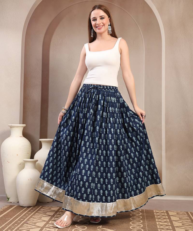 Blue graphic printed cotton flared maxi skirt for women