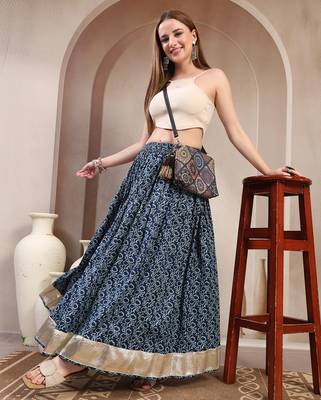 Blue floral printed cotton flared maxi skirt for women 5