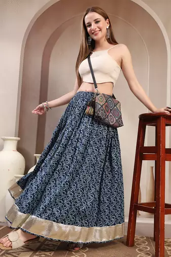 Blue floral printed cotton flared maxi skirt for women