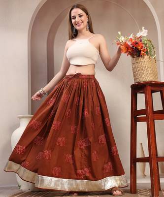 Brown graphic printed cotton flared maxi skirt for women 5