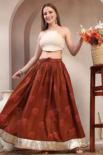 Brown graphic printed cotton flared maxi skirt for women