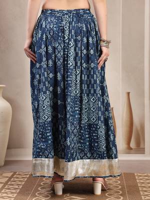 Blue floral printed cotton flared maxi skirt for women 3