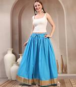 Sky-blue plain cotton flared maxi skirt for women
