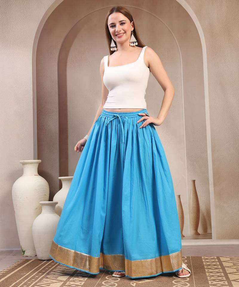 Sky-blue plain cotton flared maxi skirt for women