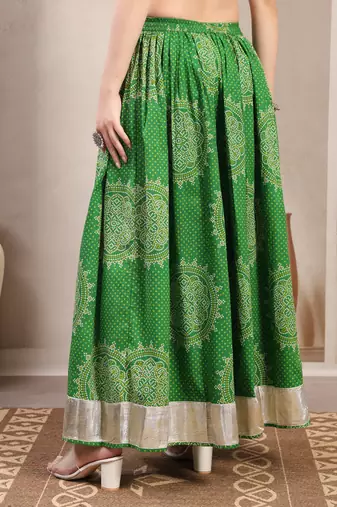 Green floral printed cotton flared maxi skirt for women