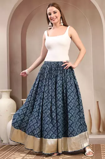 Blue floral printed cotton flared maxi skirt for women