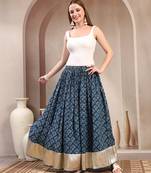 Blue floral printed cotton flared maxi skirt for women