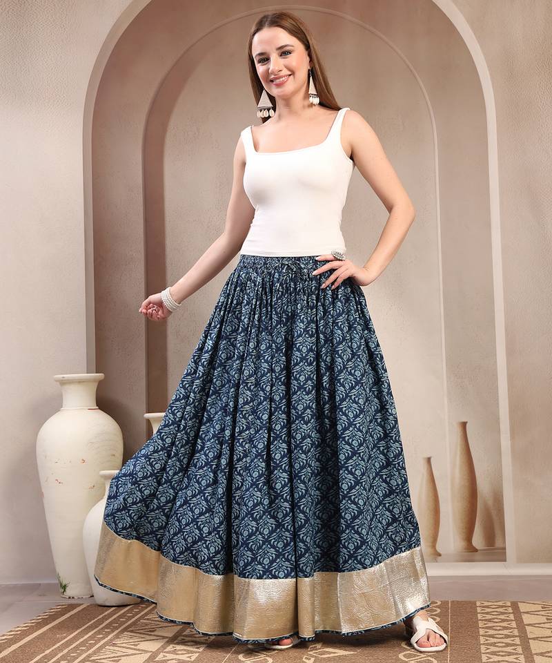 Blue floral printed cotton flared maxi skirt for women