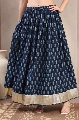 Blue graphic printed cotton flared maxi skirt for women