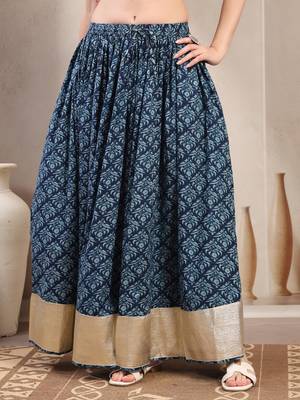 Blue floral printed cotton flared maxi skirt for women 2