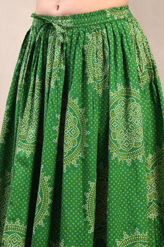 Green floral printed cotton flared maxi skirt for women