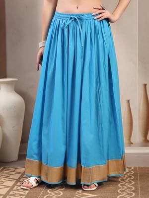 Sky-blue plain cotton flared maxi skirt for women 2