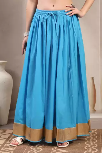 Sky-blue plain cotton flared maxi skirt for women